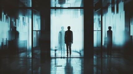 meeting challenge close up, focus on, copy space, bold striking contrast, Double exposure silhouette with open doors