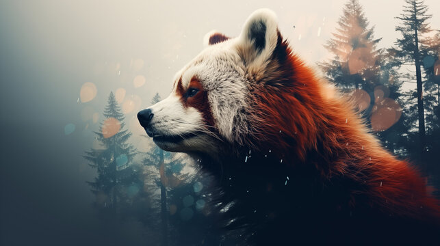Red panda on white background with double exposure	