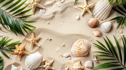 The photo shows a beach with starfish, seashells, and palm leaves scattered in the sand, highlighting coastal beauty (focus on, beach theme, vibrant, overlay, tropical backdrop)