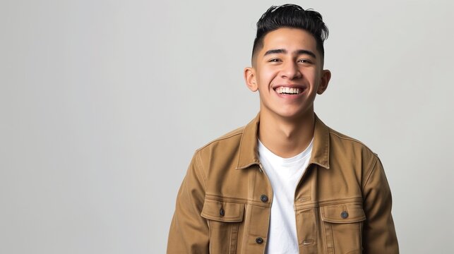 Healthy ethnic guy smiling headshot, happy Mexican male student portrait isolated on white background.