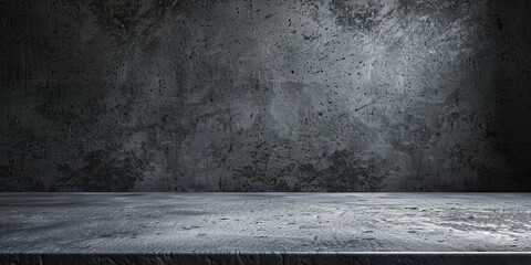 Gray granite stone showcase with natural light isolated on dark gray stone background, for tough man's product display, food curation, empty blank concrete room banner.