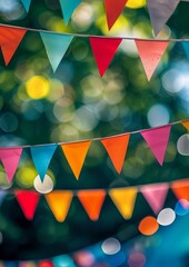 Colorful party flags made of paper / Triangle paper flag hang in the garden decorate in event, vertical backgrounds.