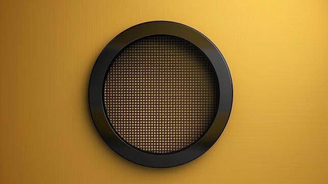 3d black round circle frame border hole on golden shiny brush textured metal board background with copy space, logo symbol blank plate display web banner.