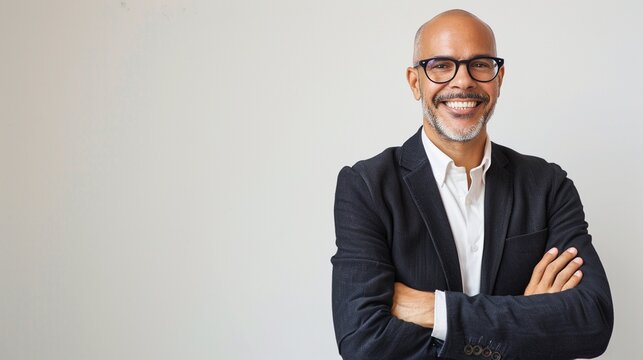 Mid aged successful mixed raced black businessman arm crossed standing confidently and smiling to the camera isolated on white background, portrait of a successful manager or businessman.