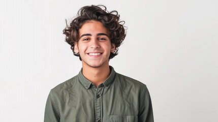 Happy Jewish young man in casual shirt smiling confidently on white background, portrait of a happy teenage boy with curly short hair looking at the camera.