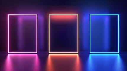 Three red blue and purple neon light glowing blank picture frames on dark concrete wall in empty lobby room, concept of display, poster, advertising.