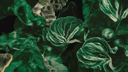 Obraz premium Abstract background, combining textures of organic materials with textures of inorganic materials, green and black colors.