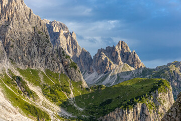 Dolomites beautiful mountain landscape on a sunny day. Hiking in the Alps in Italy, South Tirol mountain range of Alpi Dolomiti di Sesto near Cortina di Amprezzo and Tre Cime di Lavaredo alpine scene