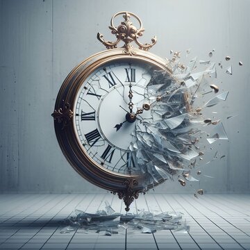 A detailed vintage clock with a sophisticated frame explodes, sending shattered glass into the air. Captures the moment of impact in a high-resolution, visually striking image.. AI Generation