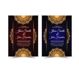 Naklejka premium wedding invitation card design with golden mandala and abstract pattern vector template.