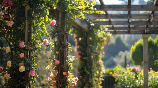A tall trellis covered in blooming vines creating a natural and beautiful lookout point for birds.