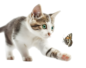 British kitten playing with butterfly on transparent background