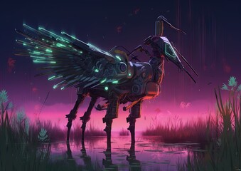 Fototapeta premium Birds in a futuristic robotic neon world