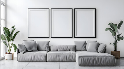 Mockup frame in modern living room interior with a minimalist design and grey sectional sofa. Gen AI