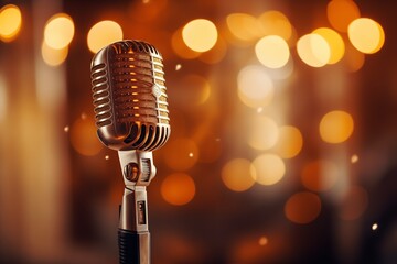 Retro microphone and abstract background blur in a live podcast setting, featuring karaoke-style singing. Perfect for entertainment and media-related imagery