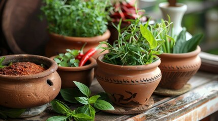 Authentic Thai Culinary Experience - Close-up of Miniature Kitchen with Detailed Clay Cookware and Fresh Herbs