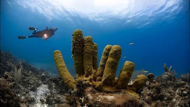 bright image of a yellow sponge animal colony around sand and coral reefs in the sea bottom