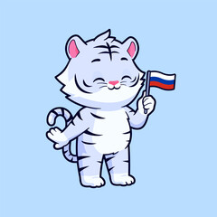 Cute white tiger holding russian flag vector cartoon illustration