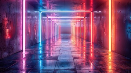 A visually captivating image, showing an illuminated passageway with reflections and neon lights in vivid colors