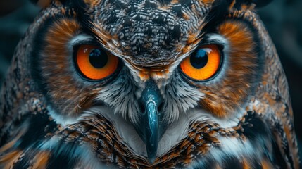 Close-up of an owl with striking orange eyes, perfect for nature and wildlife themes. - Powered by Adobe