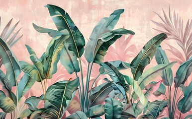 Illustration of a tropical wallpaper pattern with watercolor texture, palm leaves, and banana leaves. a background with texture and tropical vegetation. AI generated illustration