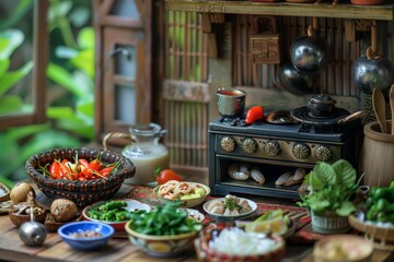 Miniature Thai Kitchen Delight - Tiny Stove and Culinary Ingredients for Cooking Thai Cuisine Scene