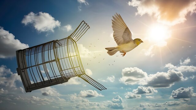 Bird flying from cage, importance of freedom, Flying bird and cage. Freedom concept. Emotion of freedom and happiness. Minimalist style.
