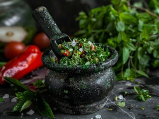 Tiny Thai Mortar and Pestle Close-up with Fresh Herbs - High-Resolution Culinary Concept