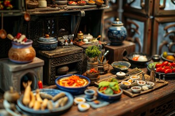 Miniature Thai Kitchen: Intricate Details of Tiny Utensils and Food for Dollhouse or Crafting Projects
