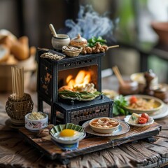 Tiny Thai Stove Miniature with Lilliputian Food and Utensils Close-Up Detail