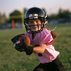 young girl wearing a football uniform, playing football