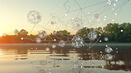 Lllustrate A Radiant Sunrise over a serene lake, with shimmering 'Gluta-Hya' molecules floating in the air, symbolizing healthy bright skin 