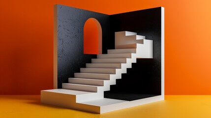 Abstract Minimalist Geometric Composition of a White Staircase with an Archway in a Black and Orange Room