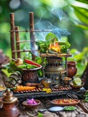 Fototapeta premium Miniature Thai Stove Cooking Scene with Fresh Vegetables and Utensils Close-Up