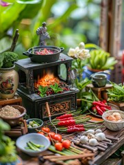 Miniature Thai Stove Cooking Scene with Fresh Vegetables and Kitchen Utensils