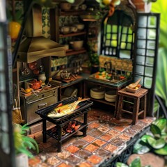 Tiny Fish Grill in a Miniature Thai Kitchen Setting for Culinary Miniature Art and Home Decor