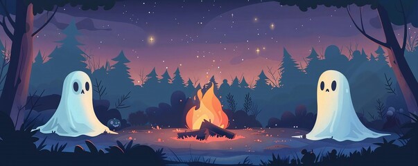 Generate a visual of a ghost storytelling session around a campfire at a Halloween party