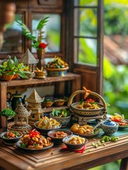 Fototapeta premium Cozy Miniature Thai Kitchen Displaying Small Plates with Traditional Thai Food