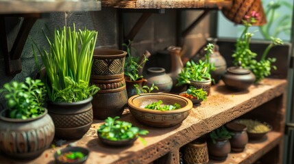 Intimate Thai Kitchen Setting with Artisan Clay Cookware and Organic Herbs