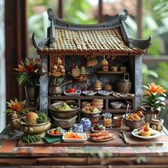 Intricate Thai Style Miniature Kitchen with Tiny Clay Pots and Delicate Food Items for Realistic Diorama Display