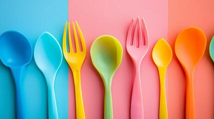 A set of vibrant ecofriendly utensils made from cornstarch ready to be used for a party or event.