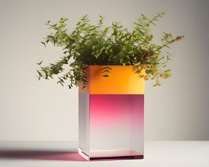 A lush green plant is thriving in a vibrant, gradient colored glass vase positioned indoors