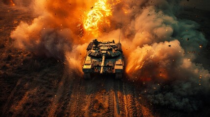 Armored tank in explosive battlefield action