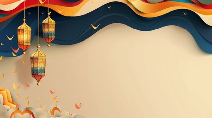 a colorful background with four golden lamps and an origami design, in the style of dark sky-blue and light beige, 3840x2160, joyful, hurufiyya, rtx on, panoramic scale, poster --ar 16:9 --style raw J