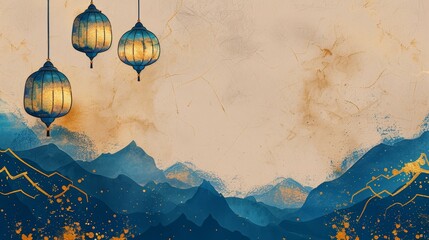 Obraz premium A painting of mountains with three blue lanterns hanging from the sky. The painting has a dreamy, peaceful mood