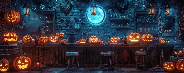 Illustrate a photo booth with spooky props at a Halloween party