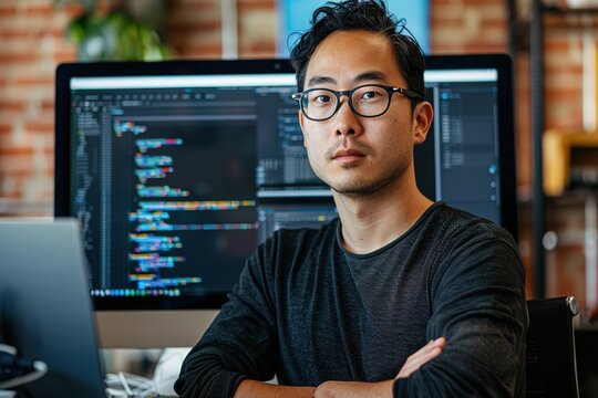 Confident Asian developer at workstation with dual monitors