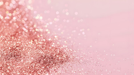 Fototapeta premium Golden pink sparkles on pink background. Light pink minimalistic festive glamorous background with scattered metal glitter in delicate pastel colors.