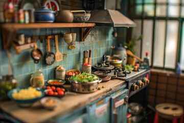 Intricate Thai Style Miniature Kitchen Display with Exquisite Texture Details of Tiny Utensils and Food