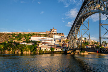 View of Vila Nova de Gaia city with Mosteiro da Serra do Pilar monastery and Dom Luis I bridge over...